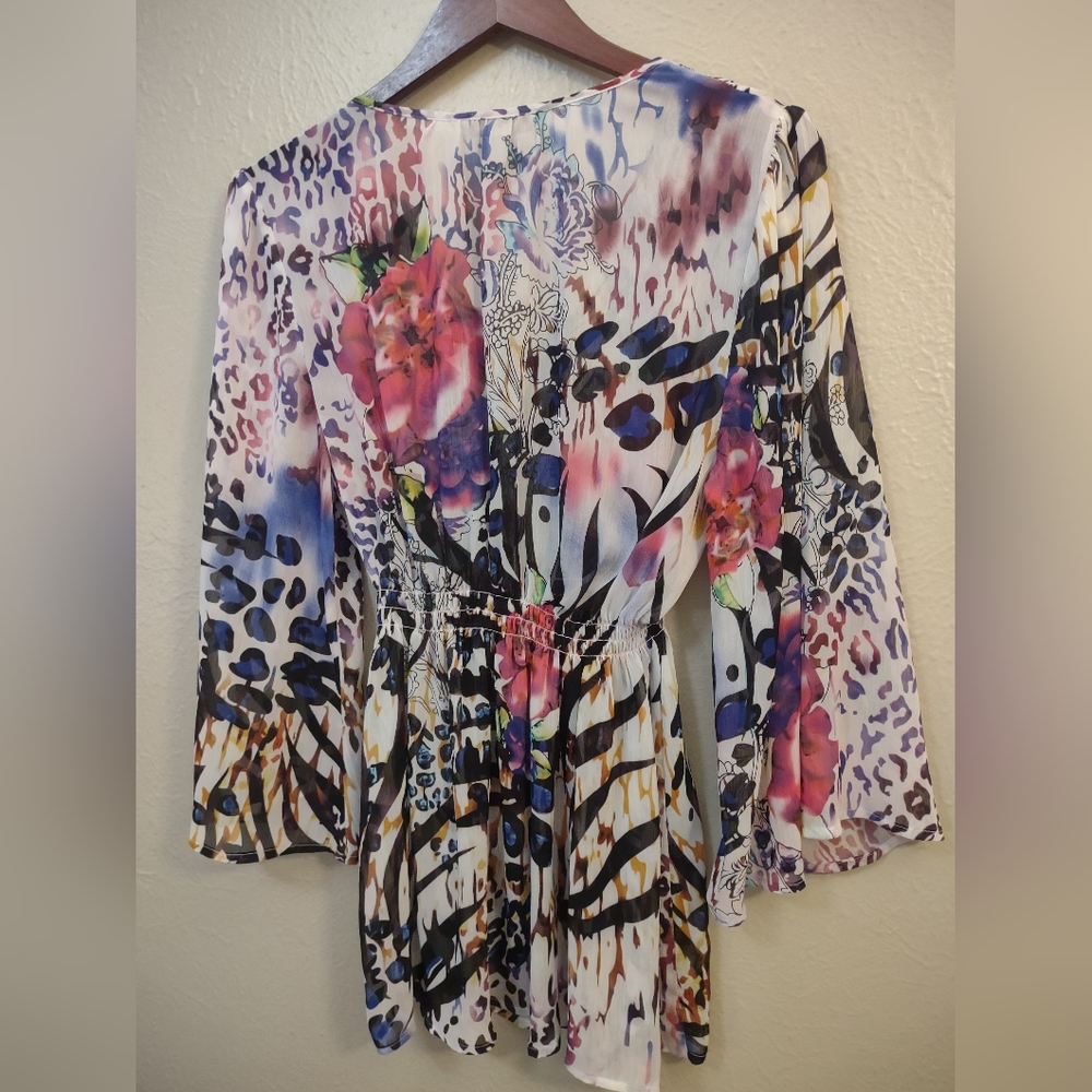 Boston Proper Mixed Print Beaded V-Neck Tunic Top - Size L - Boho Animal Floral - Picture 13 of 14